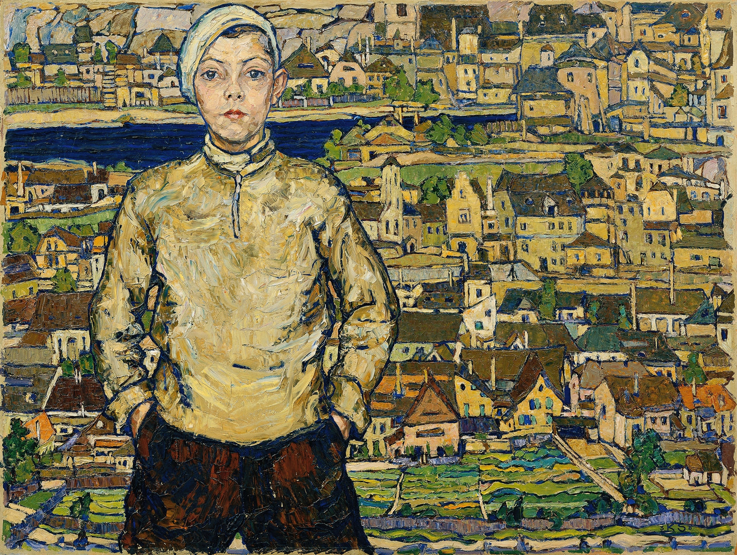 A poster featuring a painting with a boy in a landscape, standing in a cityscape with buildings and a body of water in the background.