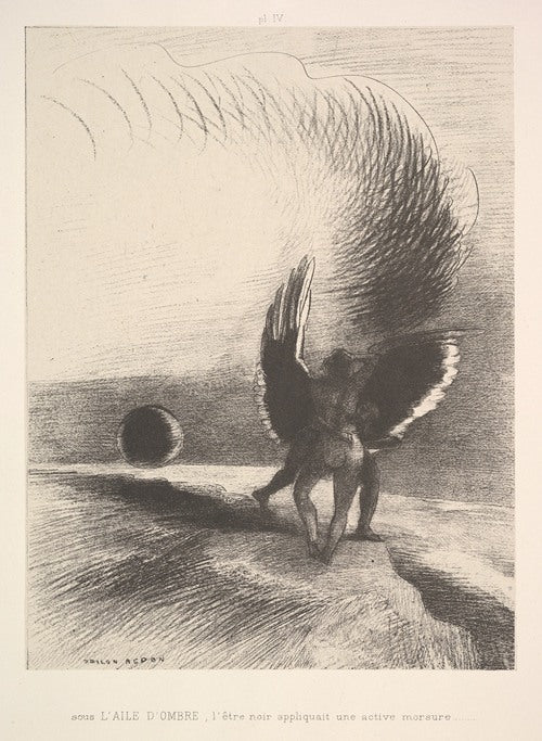 In the shadow of the wing, the black creature bit (1891) by Odilon Redon
