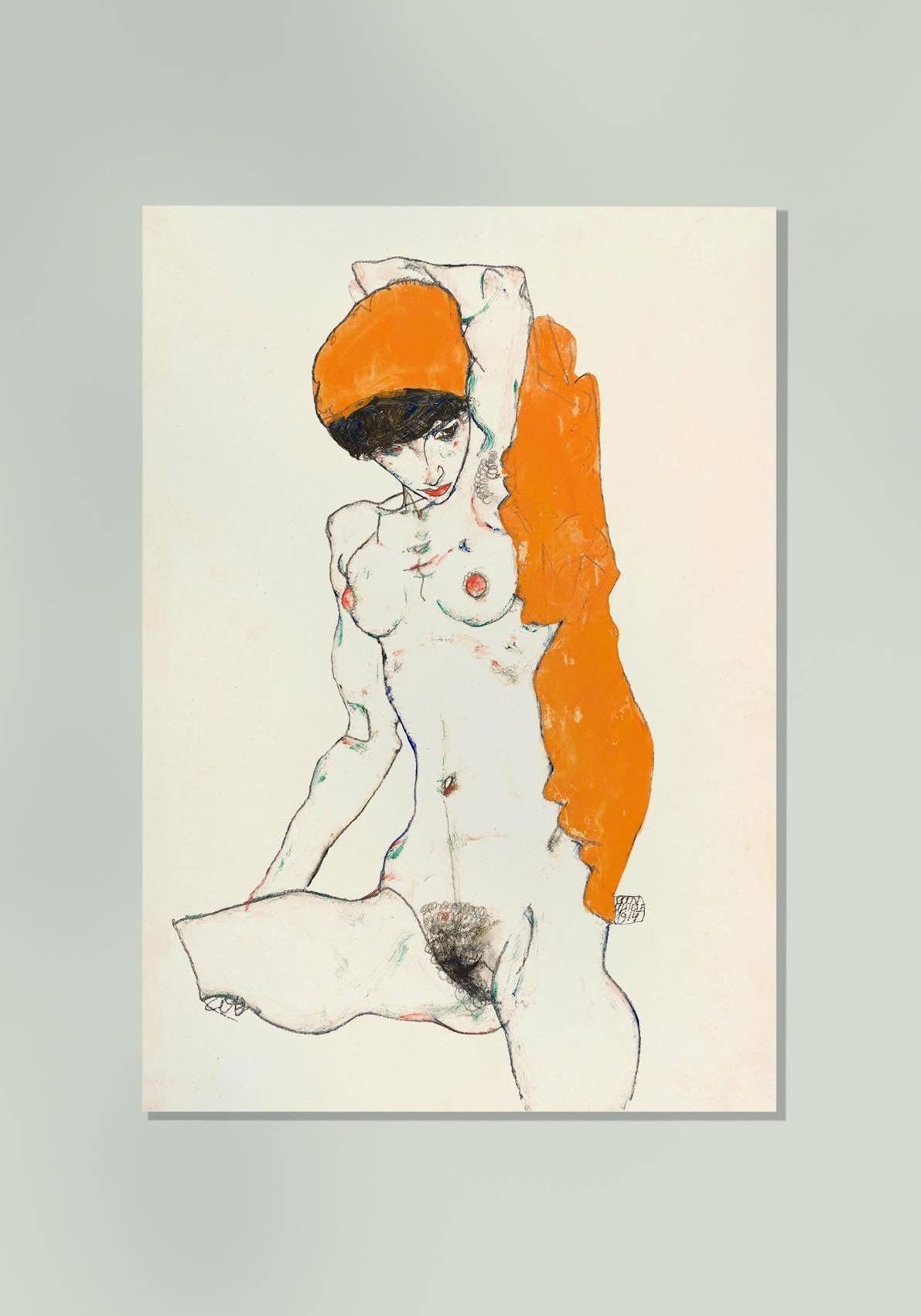 Desnudo de pie con drapeado naranja de Egon Schiele