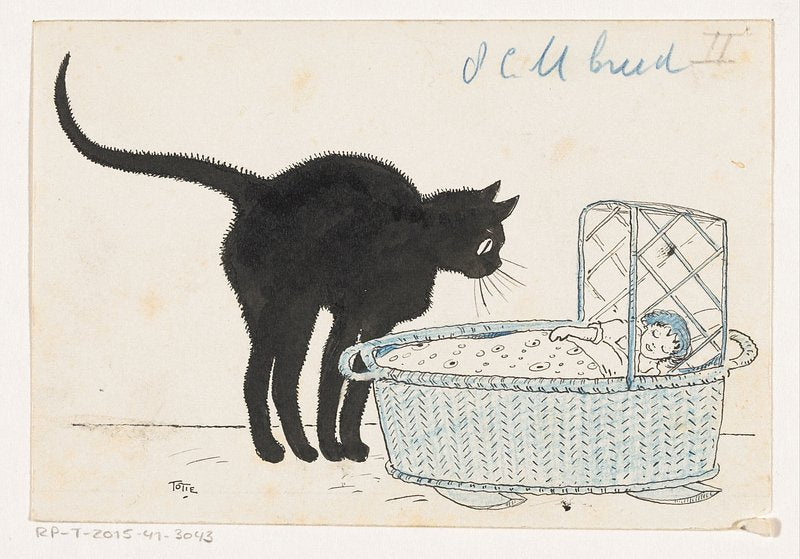 A vintage illustration of a black cat looking into a baby stroller, with the text 'Kat kijkt in een poppenmand' at the top.