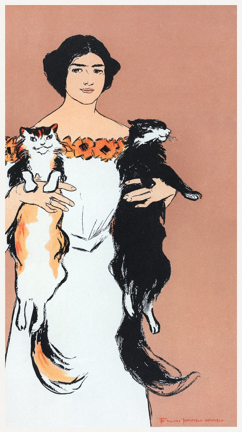 A vintage poster featuring a black and white illustration of a woman holding two cats.