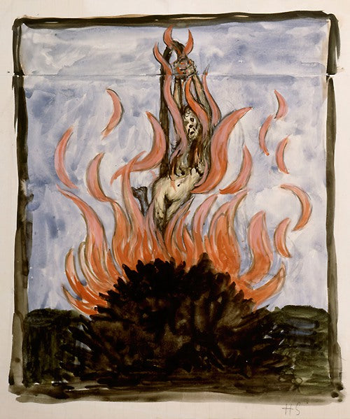 A vintage-style illustration of a witch being burned at the stake, with flames and a tortured expression.