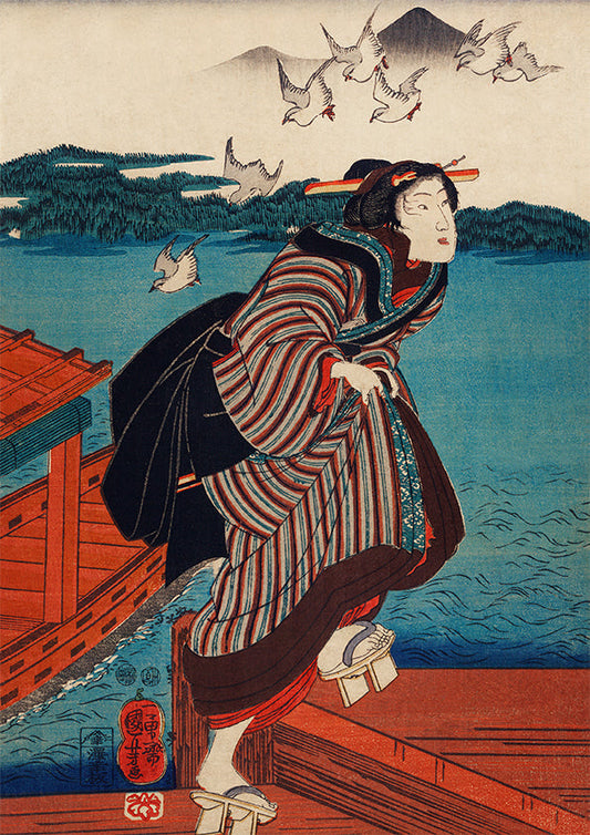 Geisha corriendo y el mar de Utagawa Kuniyoshi