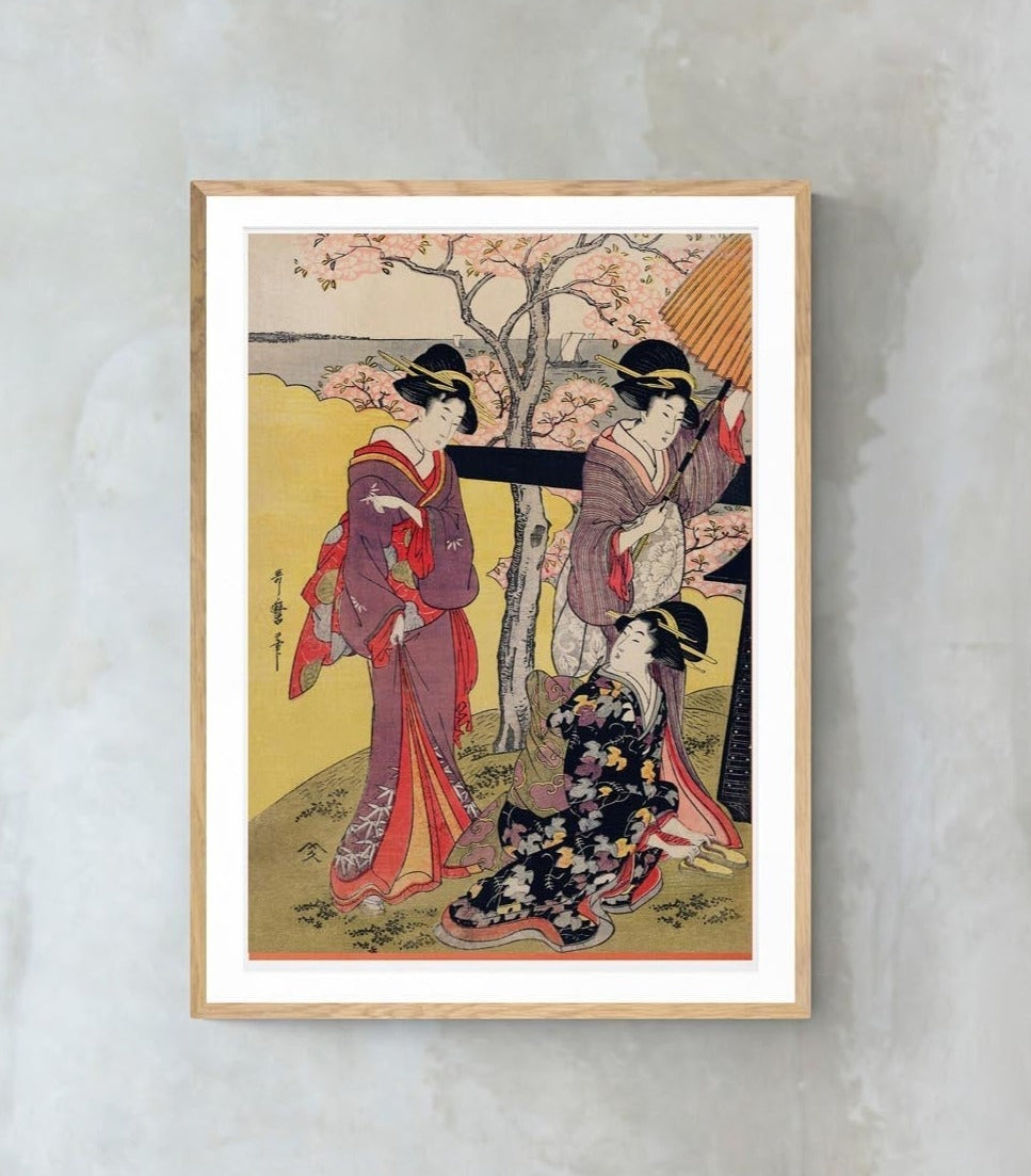 Gotenyama no Hanami Hidari (Tres geishas en el jardín de los cerezos en flor) de Utamaro Kitagawa