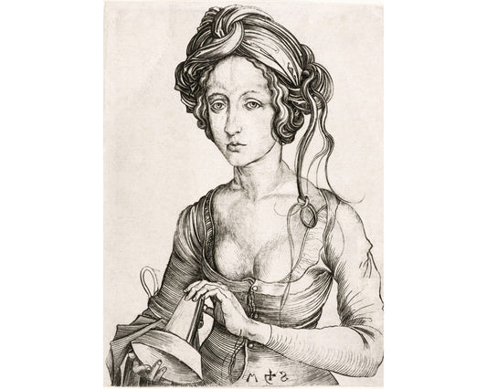 A fine art black and white print of a 15th century portrait, featuring a woman with a contemplative expression, dressed in a vintage fashion, holding a veil or a cloth.