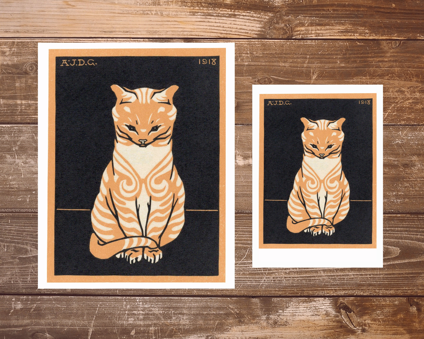 Impresión artística de gato naranja vintage | Gato atigrado | Grabado en madera de animales estilo art nouveau | Arte mural de animales en xilografía | Julie de Graag