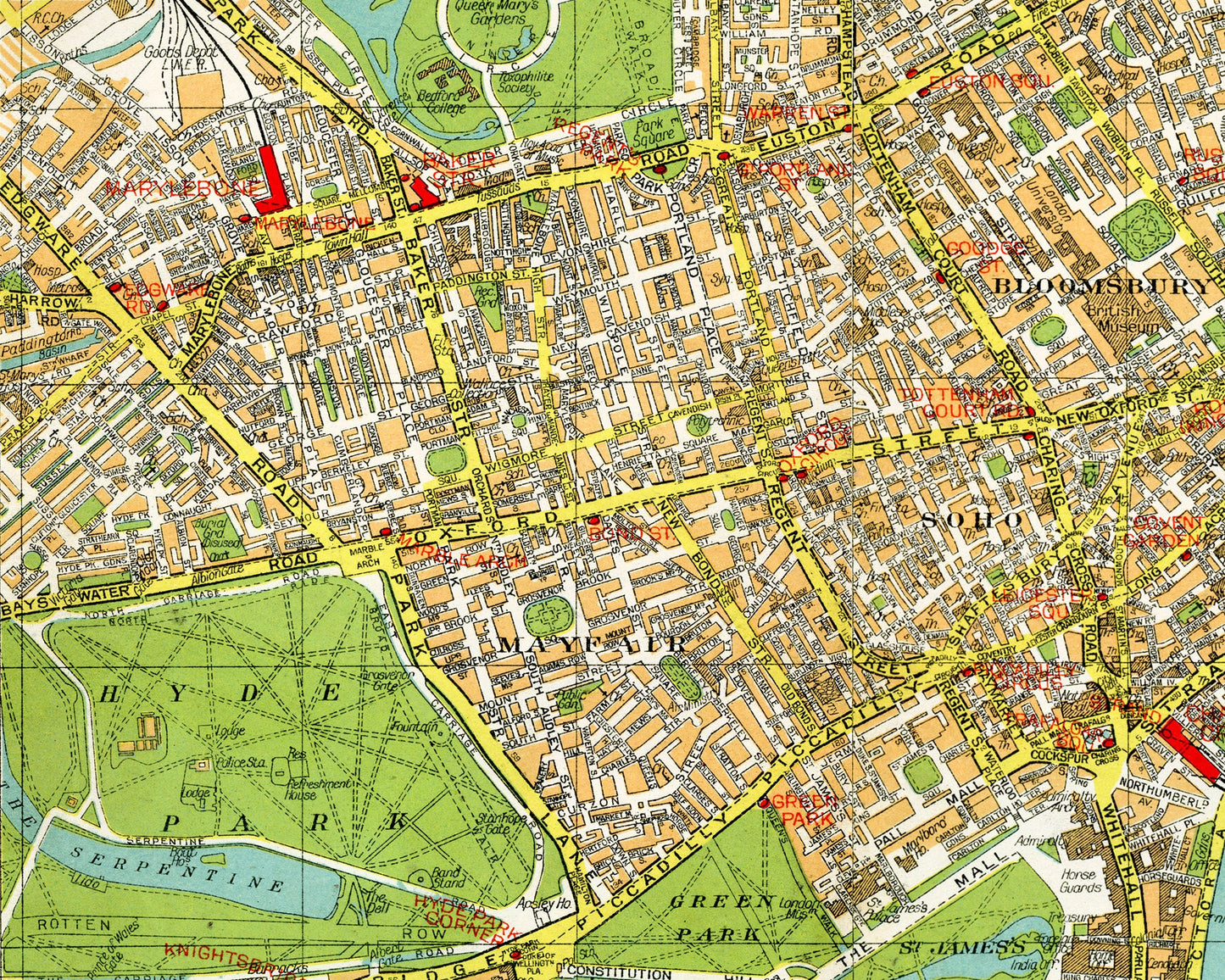 Mapa antiguo de Londres | Hyde Park, jardines de Kensington, Soho y río Támesis de los años 40 | Cartografía británica antigua | Arte mural para viajeros