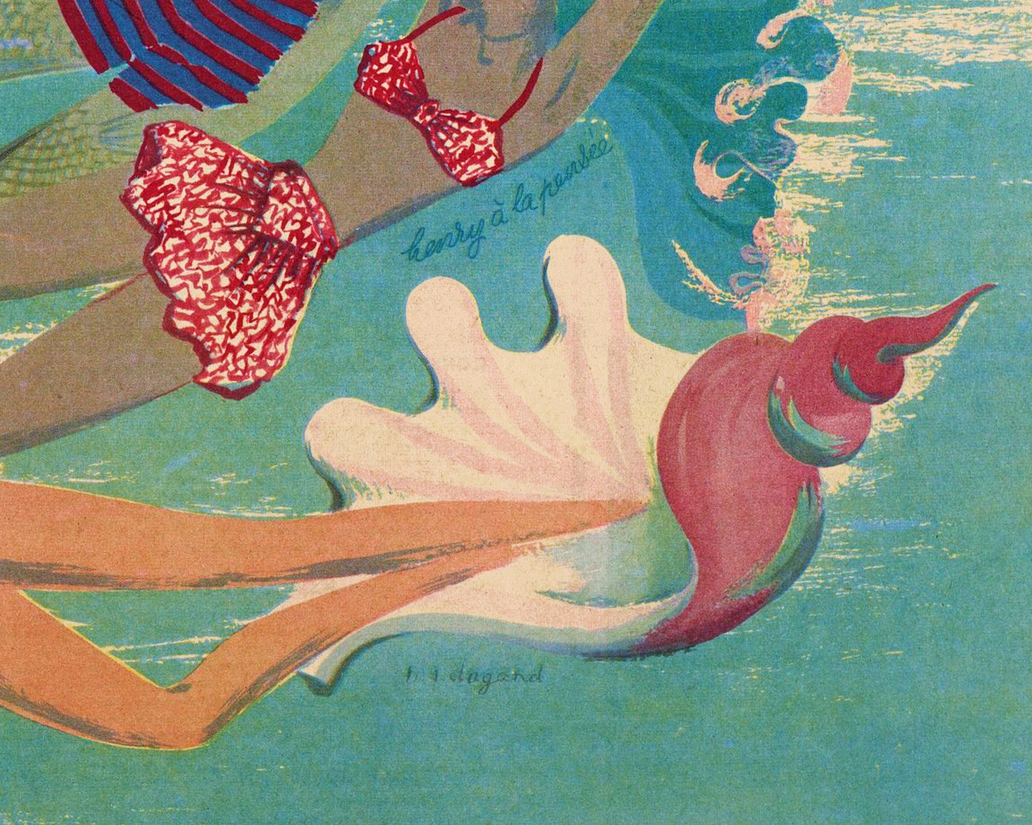 Ilustración vintage de sirena francesa | Mujeres en el agua | Revista La Femme | Arte mural de cabaña, lago y baño