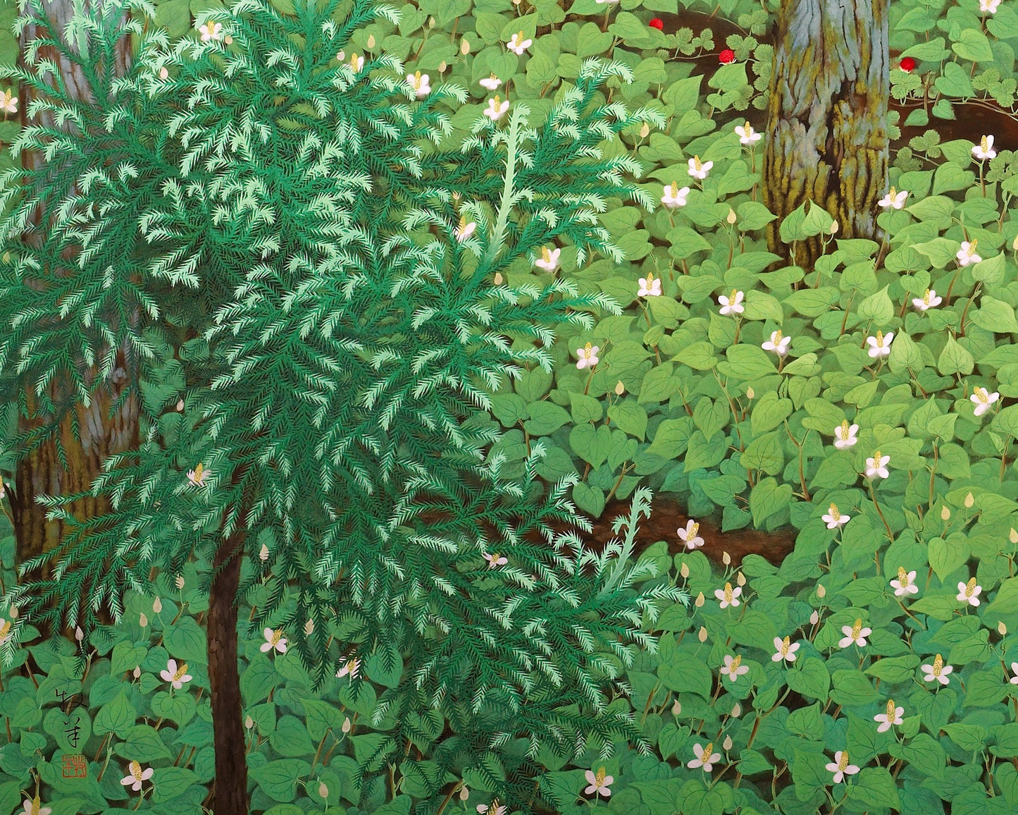 Impresión de arte vintage de bosque de fantasía | Comadreja en fresas silvestres | Arte mural de árboles y naturaleza | Katayama Bokuyo | Artista asiático