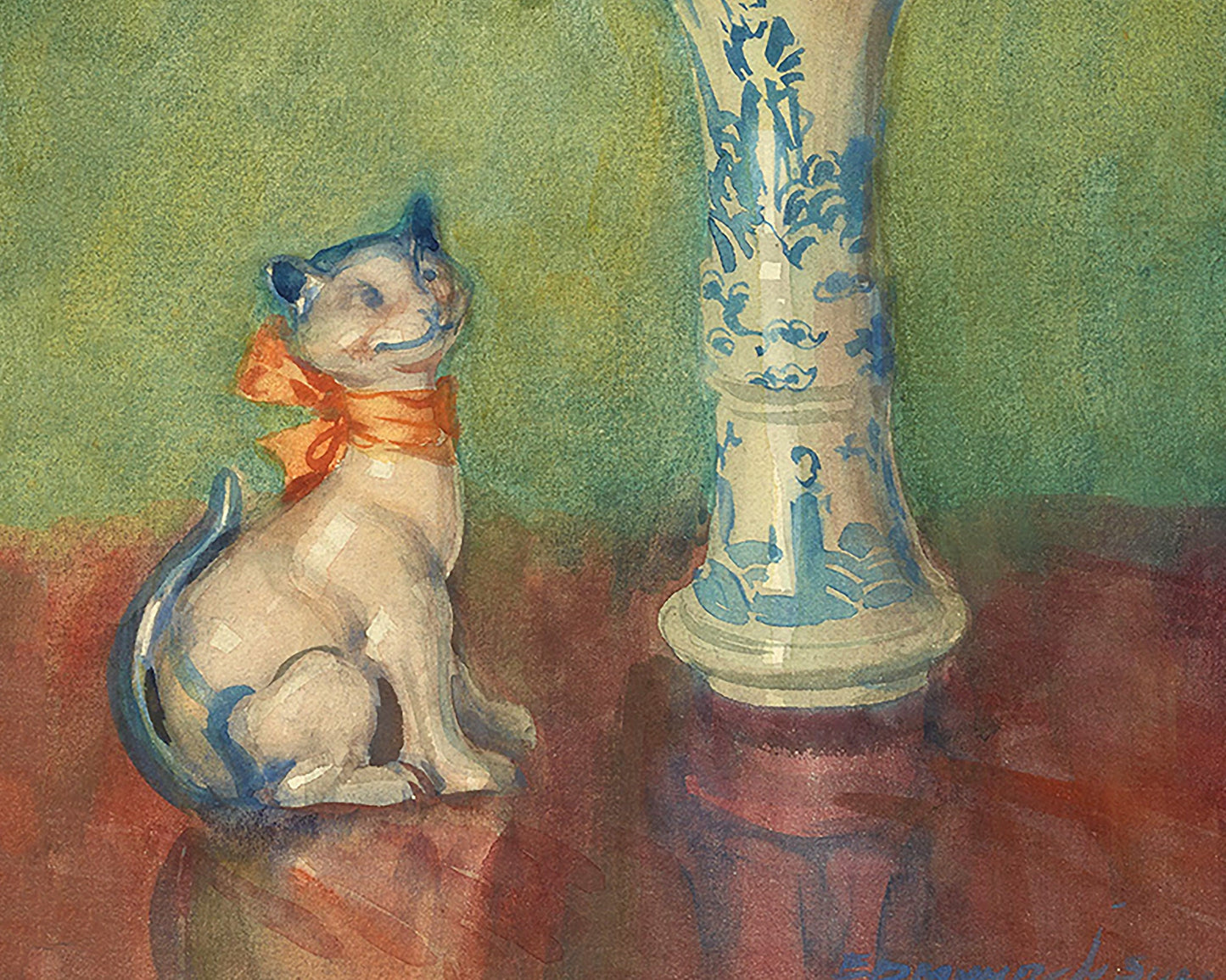 French still life | Lares et Penates | Marigolds & Staffordshire dog | Flowers with cat, dog | Animal wall art | Art nouveau print