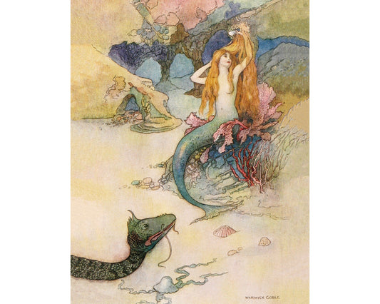 A vintage-style illustration of a mermaid sitting on a seahorse, with a fantastical sea serpent in the background.