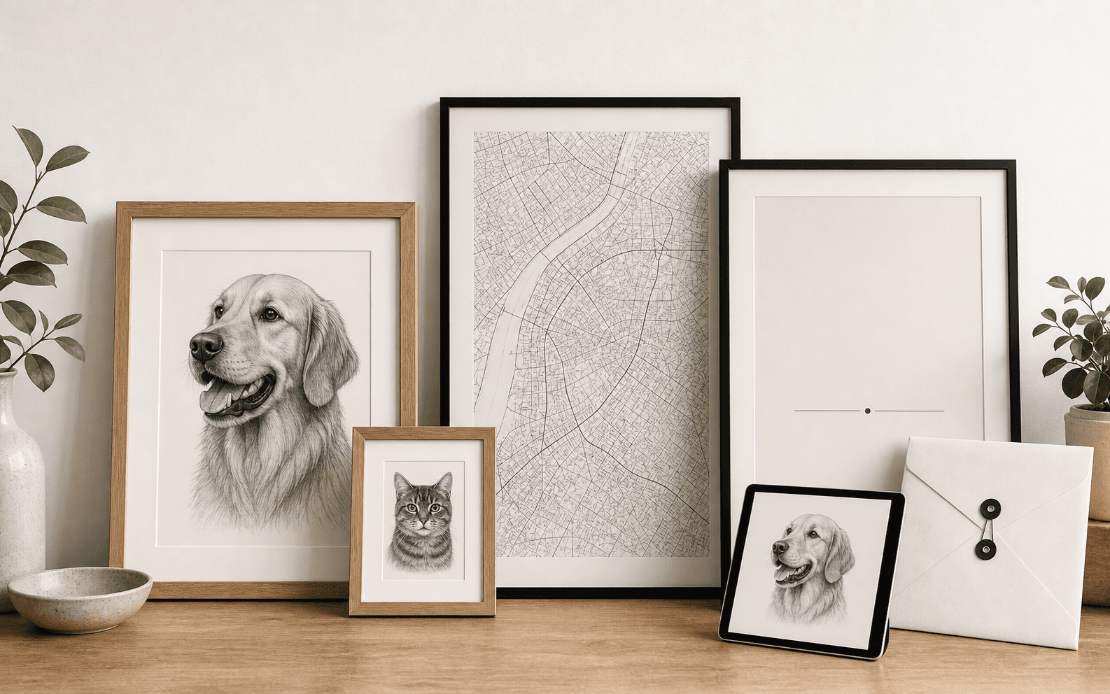 Custom art family showing pet portrait, mini portrait, map poster, quote art, and digital file option