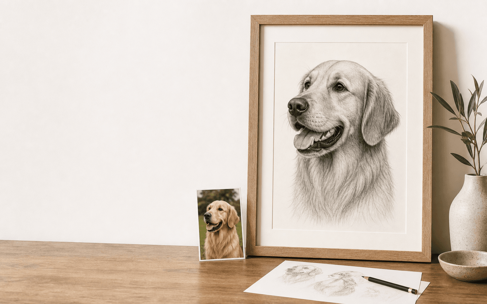 Framed custom dog portrait with proof sheet and photo reference