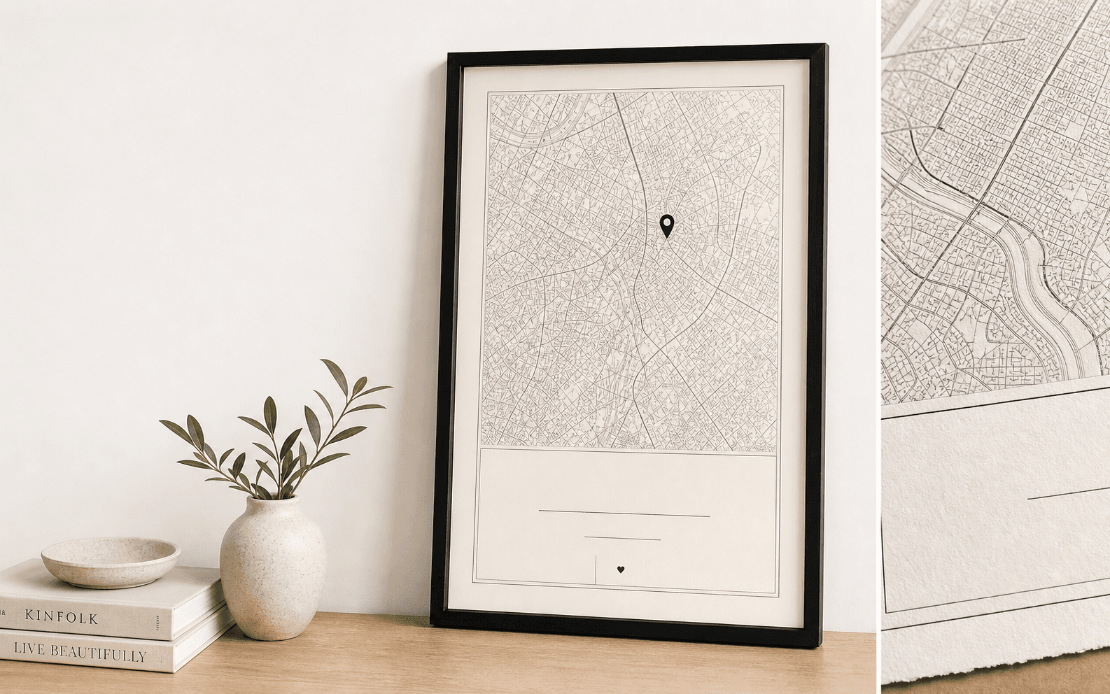 Custom framed map poster with refined location linework