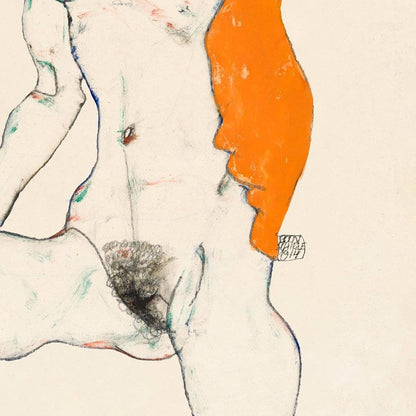 Desnudo de pie con drapeado naranja de Egon Schiele