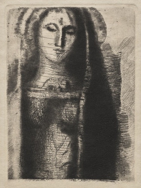 A black and white image of a princess maleine, also known as the little madonna, a religious figure seated with a baby in her arms.