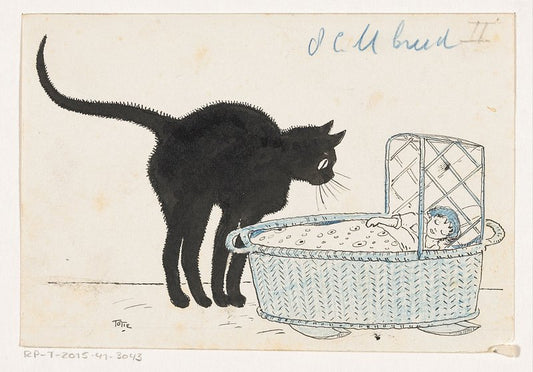 A vintage illustration of a black cat looking into a baby stroller, with the text 'Kat kijkt in een poppenmand' at the top.