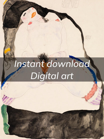 Imagen digital imprimible de vulva y vagina con arte lineal erótico queer Descarga instantánea Moderna - Observado en un sueño por Egon Schiele Descarga digital
