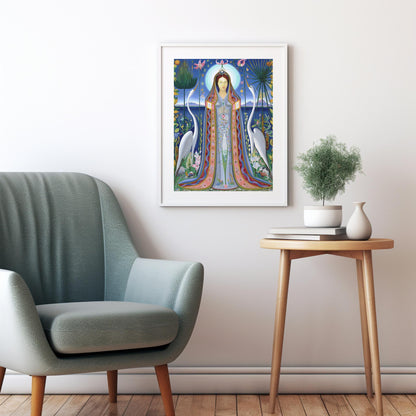 Ethereal Harmony A Modern Madonna Surrounded by Nature and Cranes Inspired by Joseph Stella's Purissima 1927
