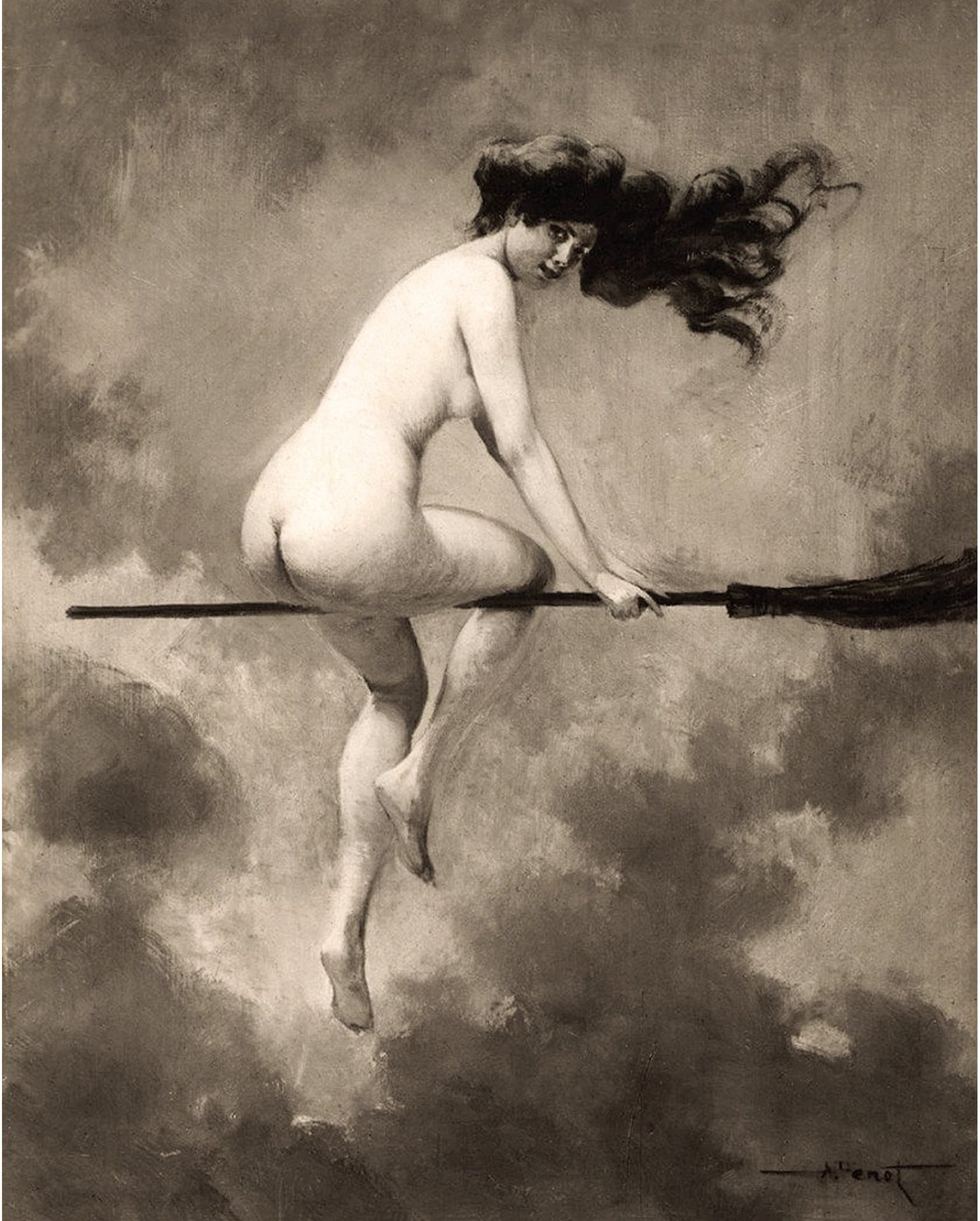 Digital Download Wall Art - Départ pour le Sabbat - Witch on her broom | Vintage nude woman print | Albert Joseph Penot | Gothic wall art | Halloween art print | Modern vintage decor (whitespace trimmed)