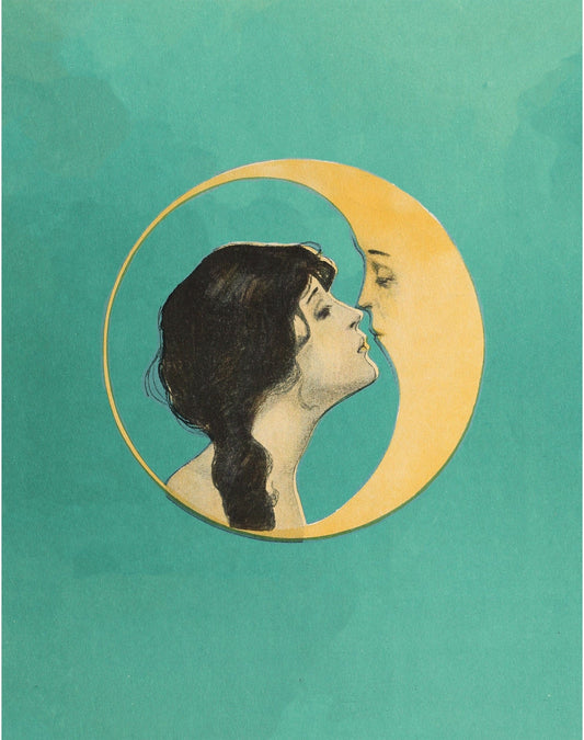 Woman kissing the moon | Vintage love and Valentine | Antique man in the moon | Celestial wall art | Old Dixie moon | Modern Vintage decor (whitespace trimmed)