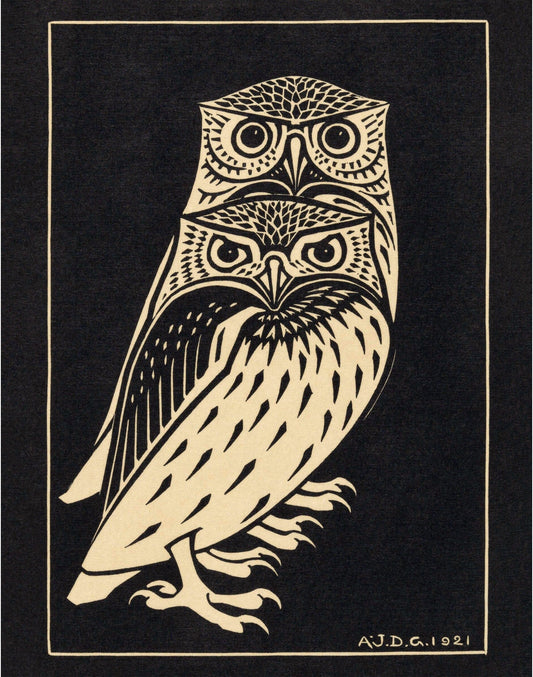 Two Owls by Julie de Graag - Vintage owl art | Female Artist | Woodcut animal wall art | Craftsman style decor | Birds artwork (whitespace trimmed)