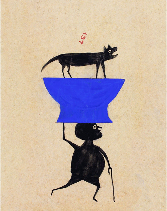 Bill Traylor Americana art | Man carrying dog or cat | Animal folk art | African American self-taught artist | Modern vintage wall décor (whitespace trimmed)