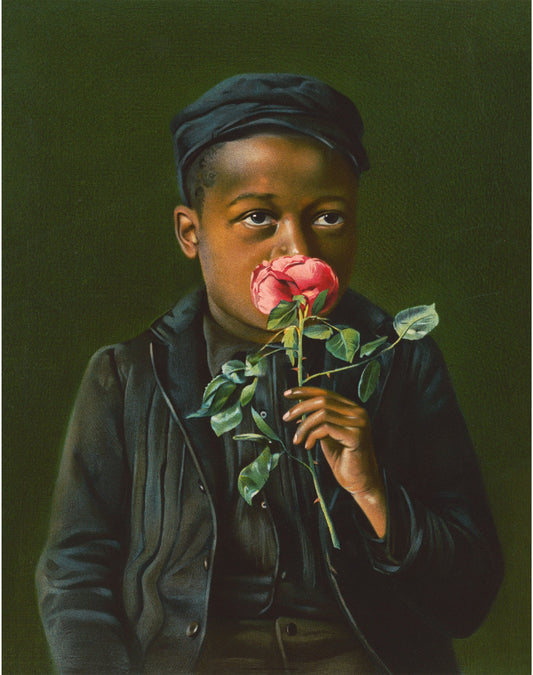 American Beauty - Young boy smelling a rose (whitespace trimmed)
