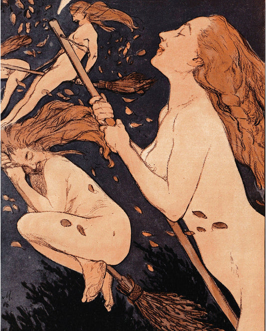 Flying witches | Vintage nude women print | Happy witch wall art | Dark art | Halloween decor | Adolf Munzer | German artist (whitespace trimmed)