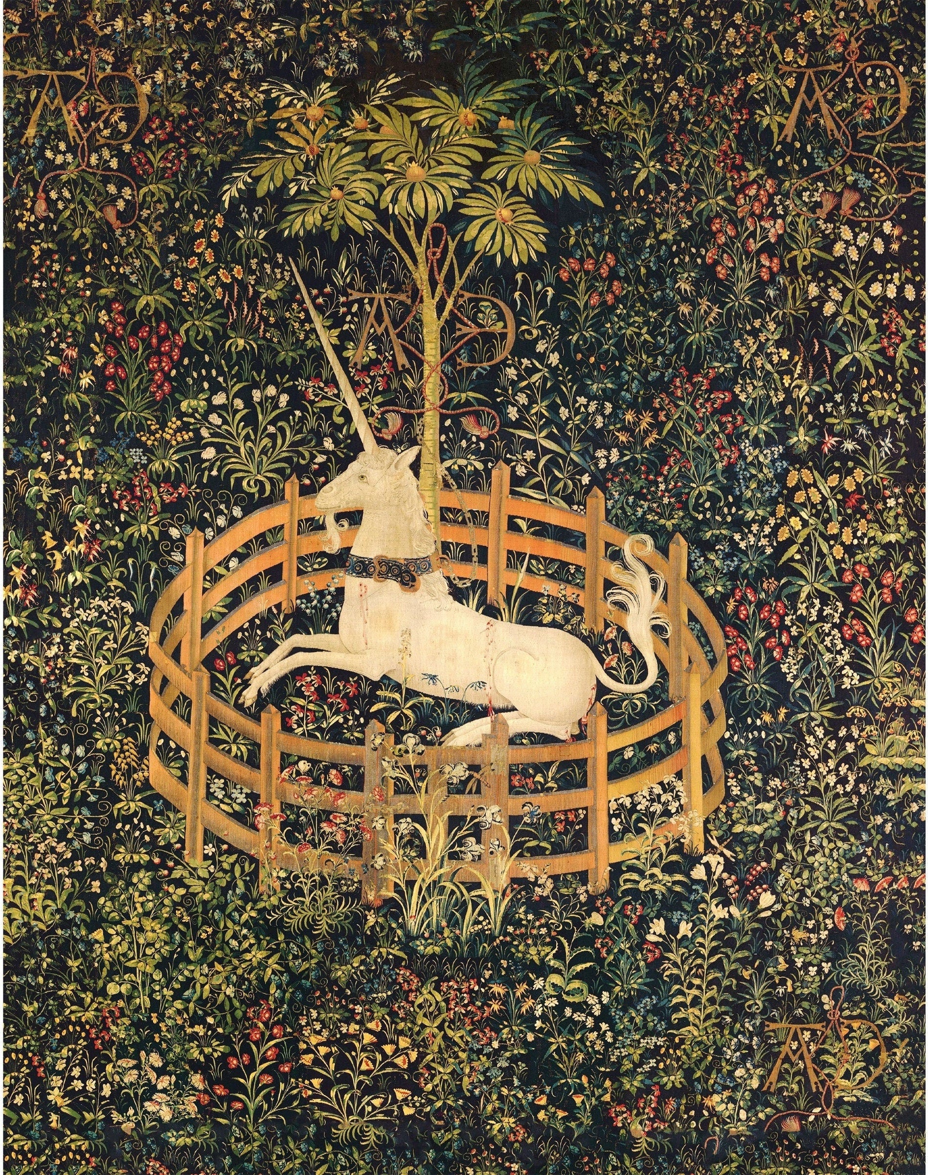 Medieval unicorn print | the Unicorn tapestries | Unicorn in captivity | Antique floral forest | Fantasy wall art | Tapestry art (whitespace trimmed)