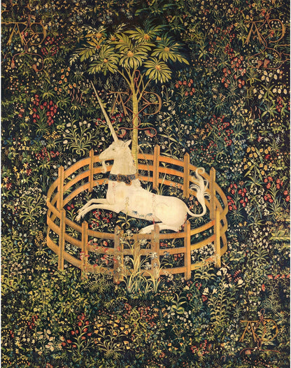 Medieval unicorn print | the Unicorn tapestries | Unicorn in captivity | Antique floral forest | Fantasy wall art | Tapestry art (whitespace trimmed)