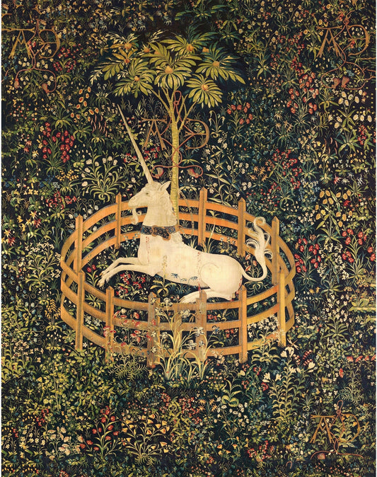 Medieval unicorn print | the Unicorn tapestries | Unicorn in captivity | Antique floral forest | Fantasy wall art | Tapestry art (whitespace trimmed)