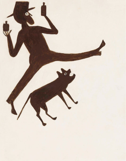 A black and white art print featuring a stylized man in a hat drinking from a bottle and a dog beside him. (whitespace trimmed)