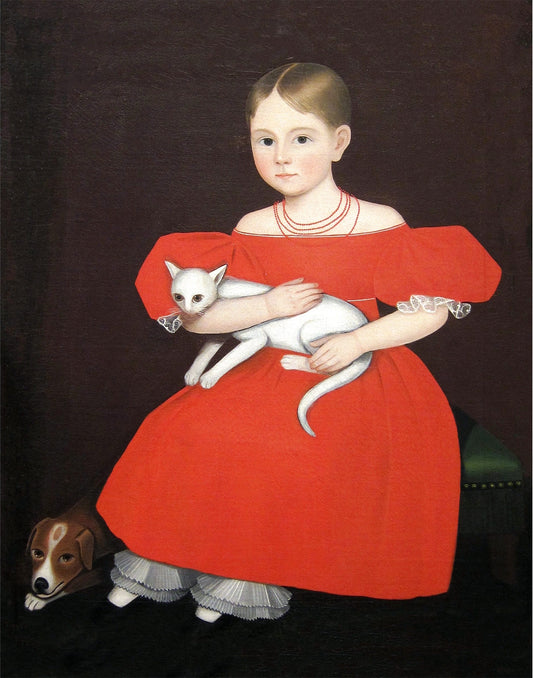 American folk art portrait | Vintage girl in red dress art print | Dog & white cat painting | Americana wall art | Modern vintage décor (whitespace trimmed)
