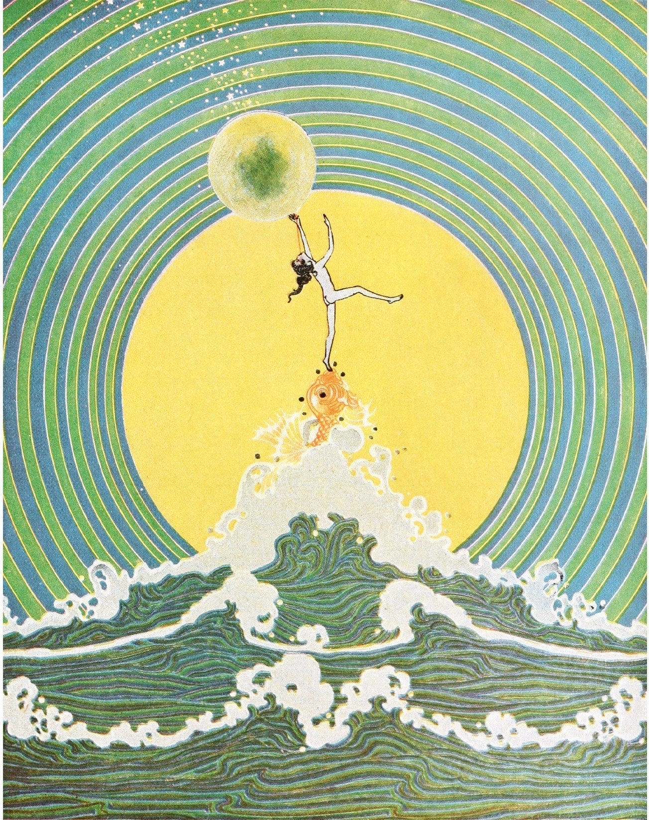 Colorful fairy tale fine art print • Reaching for the moon and stars • Art Deco sun, sea, fish • Whimsical art • Magic fairy (whitespace trimmed)