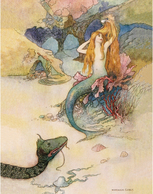 A vintage-style illustration of a mermaid sitting on a seahorse, with a fantastical sea serpent in the background. (whitespace trimmed)