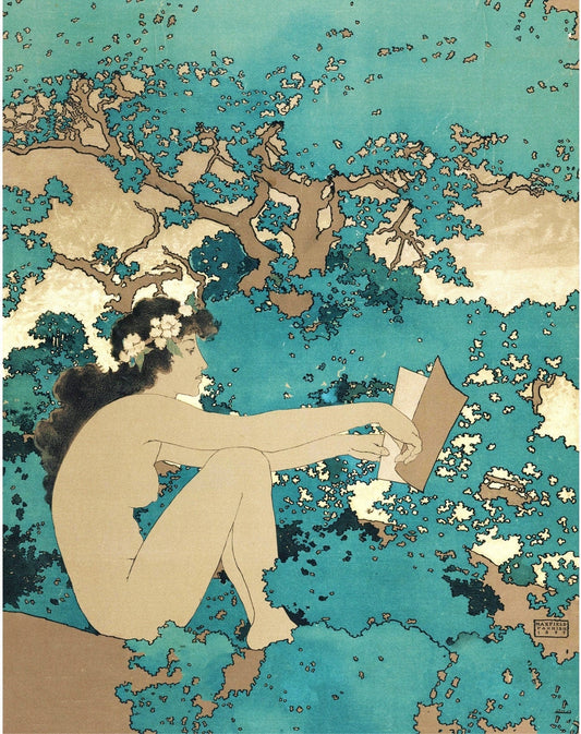 Nymph reading a book | The Reader | Feminine art print | Art nouveau wall art | Flowers and woods | Maxfield Parrish magazine illustration (whitespace trimmed)