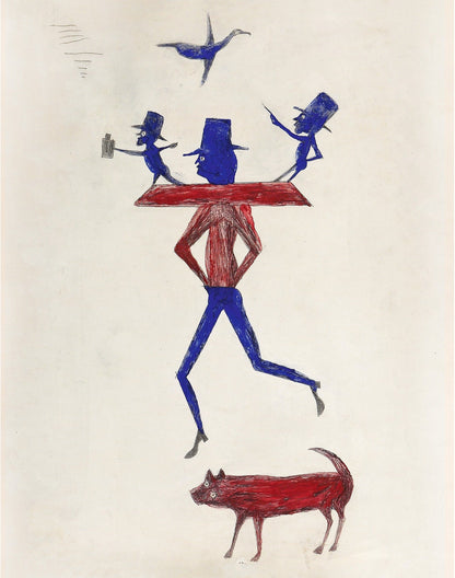 Bill Traylor Americana art | Man with yoke, bird and dog | Animal folk art | African American self-taught artist | Modern vintage wall décor (whitespace trimmed)