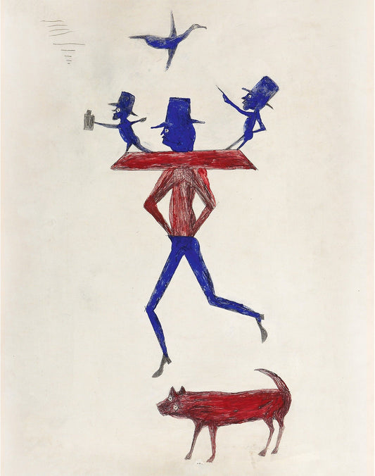 Bill Traylor Americana art | Man with yoke, bird and dog | Animal folk art | African American self-taught artist | Modern vintage wall décor (whitespace trimmed)