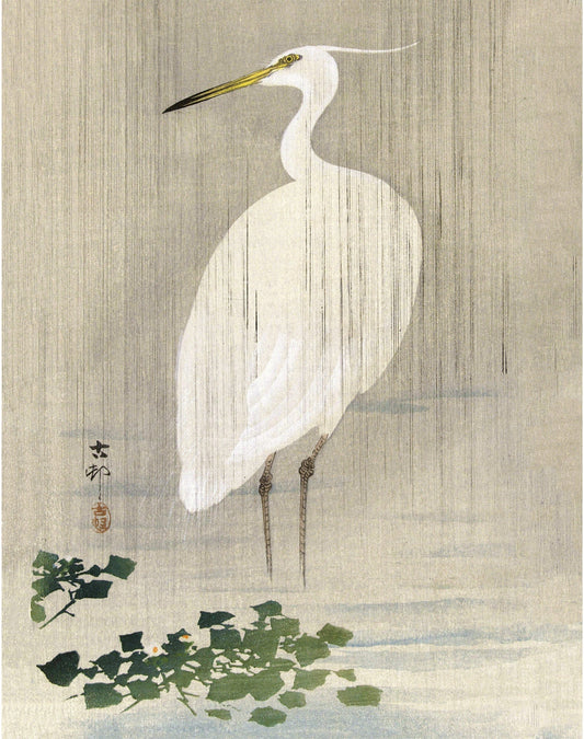 A fine art print featuring a vintage illustration of an egret standing on a lily pad in a rain setting, with a grey background. (whitespace trimmed)
