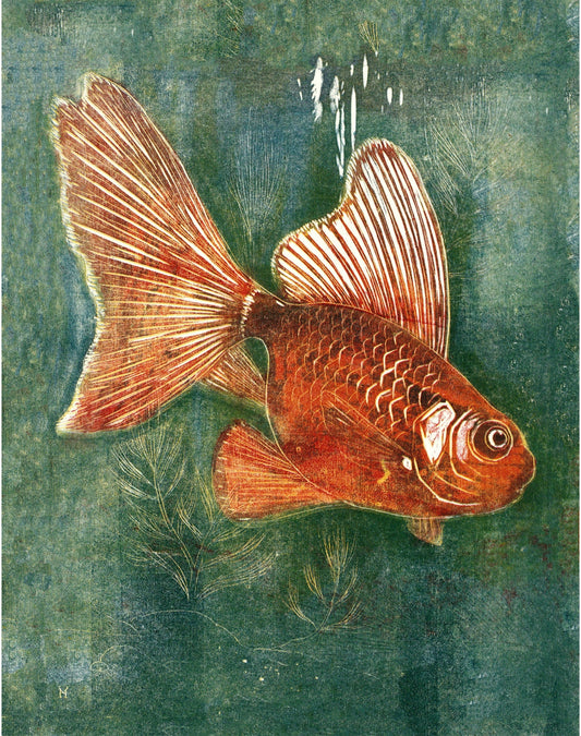 Vintage Veil Tale fish | Goldfish and aquarium wall decor | Color woodcut print | Art deco art | Giclée fine art print | Eco-friendly gift (whitespace trimmed)