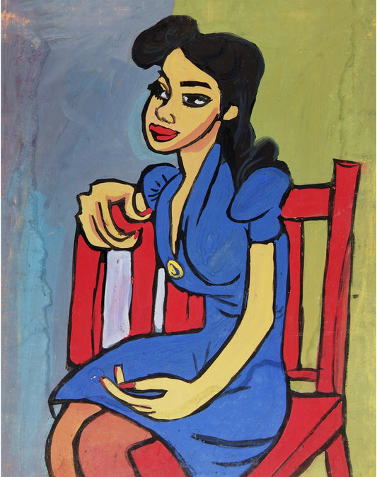 Woman in blue dress portrait | Vintage African American folk art | Black artist | Primitive Americana wall art | Person of color art (whitespace trimmed)