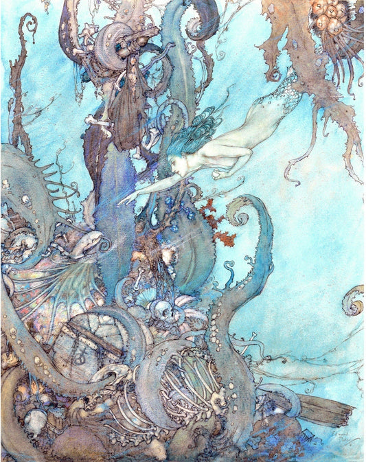 Vintage Mermaid art print | Little Mermaid | Dulac book illustration | Fantasy wall art | Cabin, lake, bathroom decor | Underwater in art (whitespace trimmed)