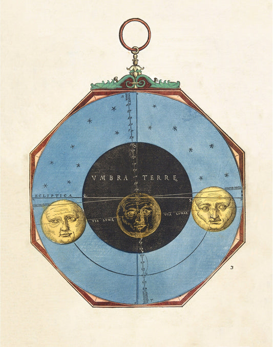 A vintage decorative print featuring a 16th century astrolabe with a blue background, gold and silver accents, and illustrations of the sun, moon, and stars. (whitespace trimmed)