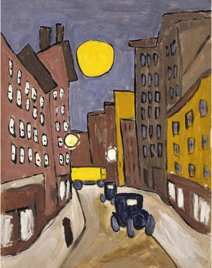 Harlem street scene with moon | 1940's city scene | Vintage African American folk art | Black artist | Primitive Americana wall art (whitespace trimmed)