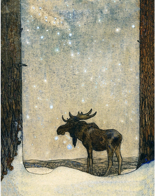 Moose under starry sky | The Elk | Christmas woodland | Fairy tale illustration | Northern lights in art | Fantasy wall art | John Bauer art (whitespace trimmed)