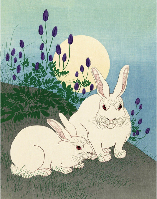 Vintage rabbit fine art | Rabbits at full moon | Color woodblock art print | Ohara Koson | Asian animal wall art | Japanese artist (whitespace trimmed)