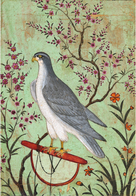 Falcon on a perch | Vintage India bird art | Malachite background | Antique Rajasthan print | Southeast Asia art | Animal, nature wall art (whitespace trimmed)