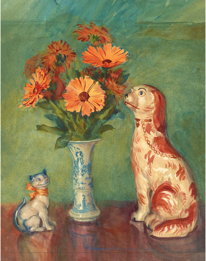French still life | Lares et Penates |  Marigolds & Staffordshire dog | Flowers with cat, dog | Animal wall art | Art nouveau print (whitespace trimmed)