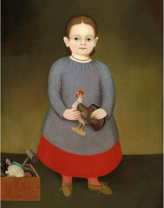 American folk art portrait | Vintage girl with toy rooster | Americana wall art | Child with toy box | Primitive painting | Red Grey dress (whitespace trimmed)